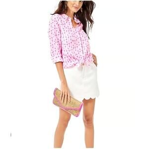 Lilly Pulitzer Women's Pink Sea View Pineapple Linen Button Down Shirt Size XXS
